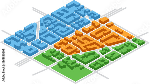 Urban planning isometric 3D city map with diverse districts and green spaces on black background for infrastructure design and development