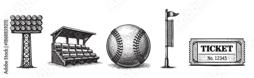 A black and white sketch of baseball stadium elements including floodlights, bleachers, baseball, foul pole, and ticket, rendered in a vintage style.
