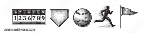 Vintage sketch of baseball elements including a score board, home plate, baseball, running player, and flag, on a white background for design use.