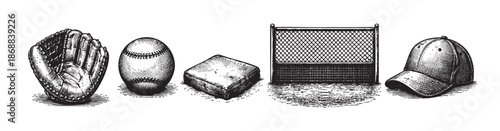 A vintage black and white illustration features a baseball glove, ball, home plate, net, and cap arranged in a row on a white background.