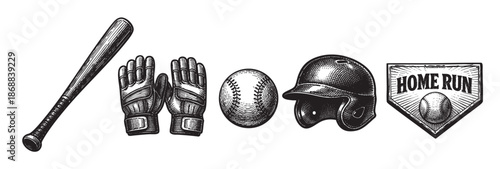 Vintage black and white illustration of baseball equipment including a bat, gloves, ball, helmet, and home plate with the words "Home Run" for sports and game concepts.