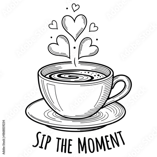 Black and white coffee cup with hearts and sip the moment text design
