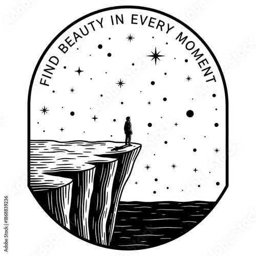 Solitude on a cliff: contemplative figure under starry sky with inspiring message