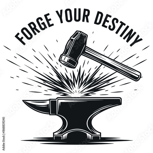 Hammer striking anvil with sparks and "forge your destiny" text