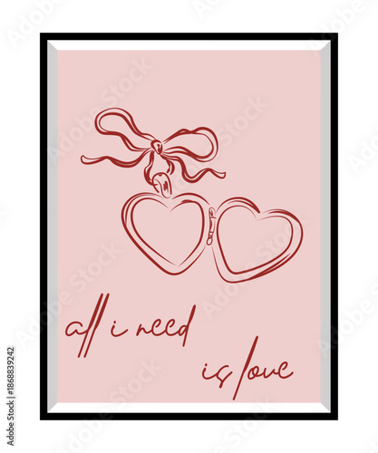 Romantic Valentine’s Day poster illustrated with ink in soft pink and deep burgundy tones. Hand-drawn love letters and a vintage locket for photos and keepsakes create a nostalgic, emotional atmospher