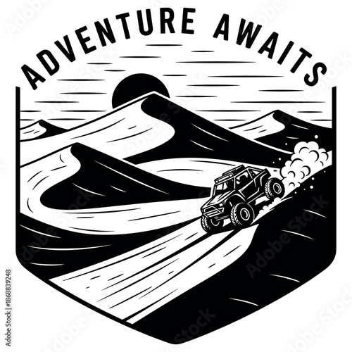 Adventure awaits: off-road vehicle on desertscape in black and white art