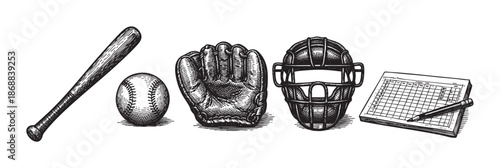 A vintage-style engraving of baseball equipment including a bat, ball, glove, umpire mask, and a scorecard with a pencil.