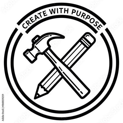Monochrome logo with hammer and pencil emblem and 'create with purpose' text