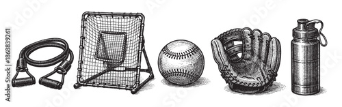 A black and white vintage illustration features baseball training gear including resistance bands, a net, baseball, glove, and water bottle, set against a clean white background.