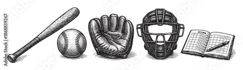 A vintage black and white illustration showcases baseball equipment including a wooden bat, ball, catcher's mitt, protective mask, and a scorecard with a pen.