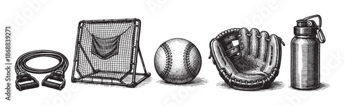 This vintage-style engraving depicts a collection of baseball training equipment including a resistance band, pitching net, baseball, glove, and water bottle on a white background.