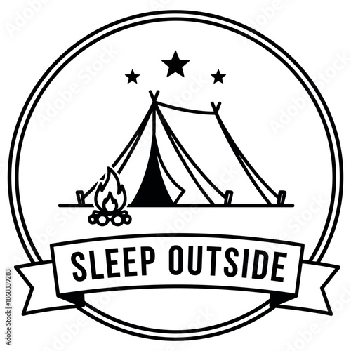 Badge featuring tent and campfire emphasizing outdoor camping adventure