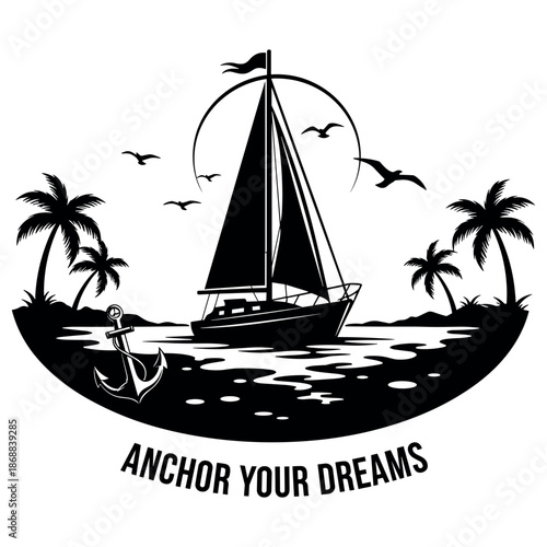 Sailboat adventure with anchor and seagulls at sunset with palm trees