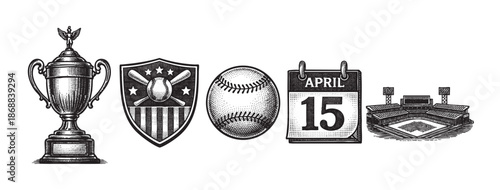A vintage-style black and white illustration depicts a trophy, a shield with baseball bats, a baseball, a calendar page, and a stadium, representing baseball themes.