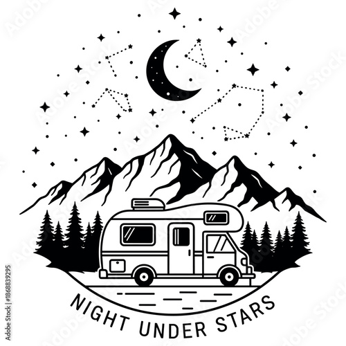 Rv camping night with mountain view and starry sky illustration