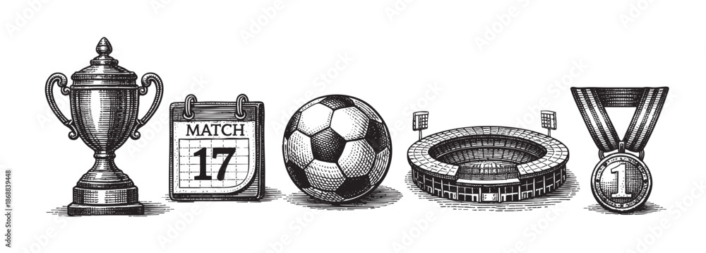 Fototapeta premium Engraved black and white illustration of soccer icons including a trophy, a calendar marking the 17th, a soccer ball, a stadium, and a first-place medal, on a white background.