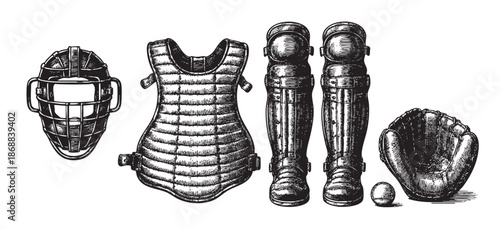 This black and white sketch depicts a full set of baseball catcher's protective gear, including a mask, chest protector, leg guards, and a mitt with a ball, rendered in a vintage, illustrative style.