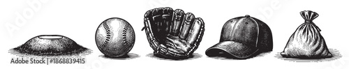 A classic black and white engraving depicts a collection of baseball equipment including a baseball, glove, cap, and a bag of balls on a white background.