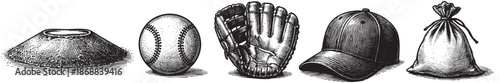 A classic black and white woodcut illustration features a baseball, glove, cap, and a sack arranged in a row, evoking nostalgia and the sport's heritage.