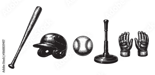 A monochromatic linocut style illustration of essential baseball equipment, including a bat, helmet, ball, tee, and gloves, arranged against a clean white background.