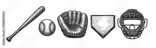 A hand-drawn sketch in black and white features essential baseball equipment, including a bat, ball, catcher's mitt, home plate, and mask, against a clean background.