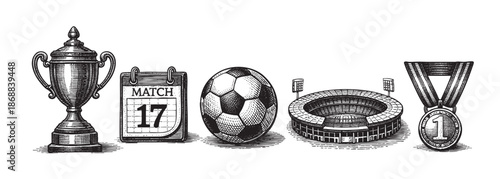 Engraved black and white illustration of soccer icons including a trophy, a calendar marking the 17th, a soccer ball, a stadium, and a first-place medal, on a white background.