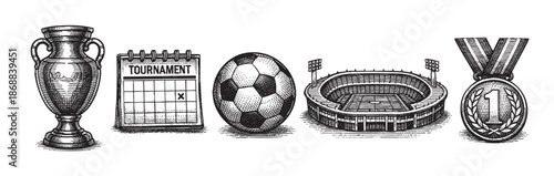 A vintage hand-drawn illustration of sports symbols including a trophy, tournament calendar, soccer ball, stadium, and a first-place medal against a white background, evoking competition and victory.