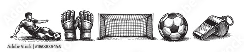 Vintage style illustration depicts a soccer goalie in action with ball, net, gloves and whistle, perfect for sports themes and retro designs.