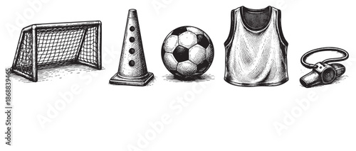 A detailed sketch showcases essential soccer equipment including a goal, cone, ball, jersey, and whistle, perfect for sports-themed designs and educational content.