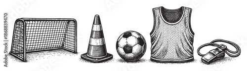 A vintage-style black and white sketch showcases a collection of soccer training equipment including a goal, cone, ball, jersey, and whistle.