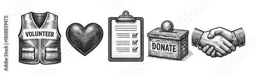 A collection of vintage style icons symbolizing volunteering, charity, and support through a vest, heart, checklist, donation box, and handshake.