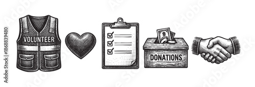 This is a black and white illustration representing volunteering, charity, and donations, featuring a vest, heart, checklist, donation box, and handshake.
