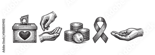 This illustration depicts elements of charity and fundraising, including a donation box with a heart, hands receiving money, stacked coins, and a symbolic ribbon.