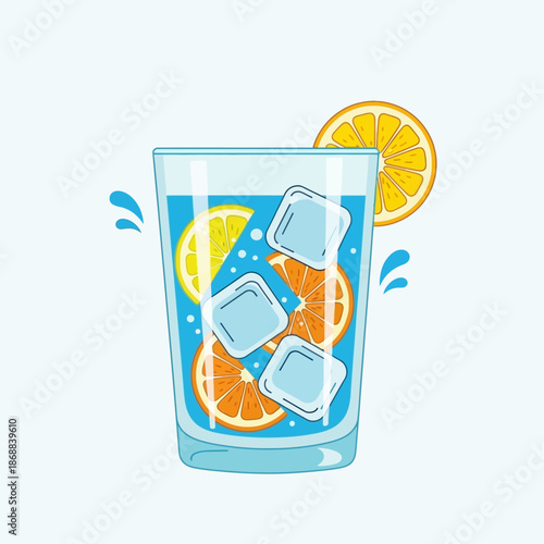 Cool refreshment: A tall glass of icy lemonade with slices of lemon and orange, a summer treat with ice cubes, splash of water, refreshing beverage to cool you down in hot weather.