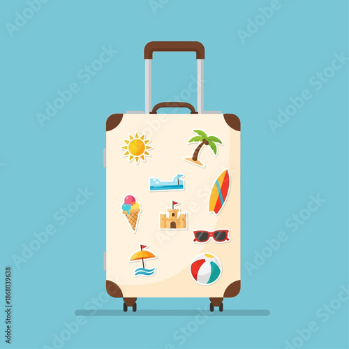 Vacation Essentials: A colorful suitcase adorned with iconic travel-themed stickers, promising an exciting and memorable getaway.