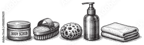 A vintage line art illustration of body scrub, bath brush, loofah sponge, lotion dispenser, and folded towels, evoking a clean and relaxing spa atmosphere.