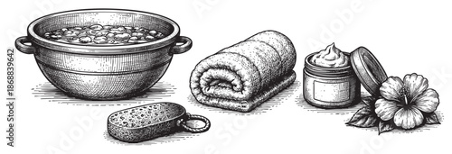 Hand-drawn illustration of spa essentials including a bowl of water with stones, rolled towel, cream jar, and hibiscus flower, suggesting relaxation and beauty.