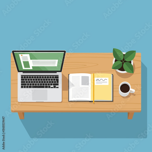 Workspace essentials:  A minimalist workspace showcases a laptop with an open notebook, potted plant, and a cup of coffee. It represents productivity, simplicity, and a connection with nature.