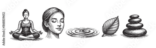 An artistic illustration in vintage style depicts a woman in a yoga pose, a serene portrait, ripples on water, a leaf, and stacked stones symbolizing wellness and tranquility.