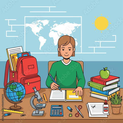 Homework Haven: A young student immersed in study, surrounded by essential school supplies, maps, and books, diligently focusing on his tasks in a bright, inviting learning environment.