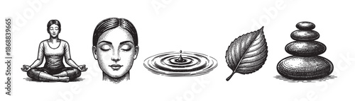 Vintage style illustration depicting elements of yoga, meditation, zen, balance, and wellness, perfect for spa, health, and self-care themes.