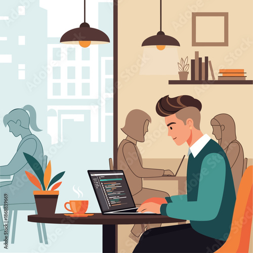 Focused Coding in Cafe: A focused individual intently codes on a laptop in a modern cafe setting, the ambiance suggesting productive work amidst a lively environment.