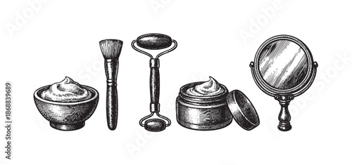 A black and white sketch of essential beauty tools including a facial roller, makeup brush, cream jars, and a hand mirror, perfect for beauty blogs and spa promotions.