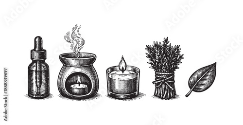 This vintage-style black and white illustration features a dropper bottle, an oil burner with a candle, a lit candle, a bundle of herbs, and a single leaf, perfect for wellness and spa themes.
