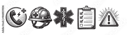 Collection of retro-style black and white icons symbolizing emergency services, safety, and medical care, including a telephone, helmet, medical symbol, checklist, and warning sign.