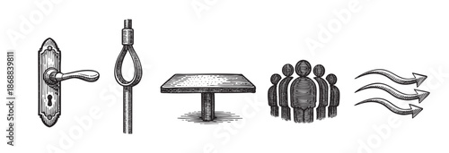 This vintage illustration features a door handle, a noose, a table, a group of people, and arrows, representing concepts of choice, decision making, opportunity, and danger.