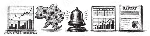 A hand-drawn illustration in black and white displays financial charts, a map with virus-like icons, a ringing bell, and a report document, suggesting a business crisis or urgent financial news.