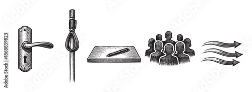 A collection of hand-drawn icons in a vintage style, including a door handle, a noose, a pen on a pad, a group of people, and three arrows.