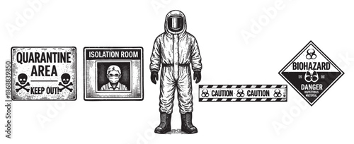 A collection of black and white vector graphics depicting biohazard symbols, quarantine signs, a hazmat suit, and caution tape, suitable for illustrating health risks and containment.