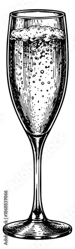 Hand drawn line art illustration of a champagne flute depicting bubbly sparkling wine for festive celebrations